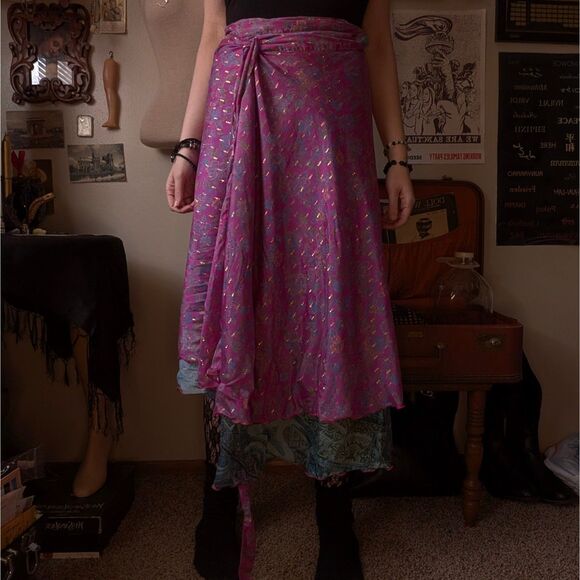 Silk Sari Wrap Around Magic Skirt Women's One Size Pink Blue Reversible Maxi - Picture 3 of 13